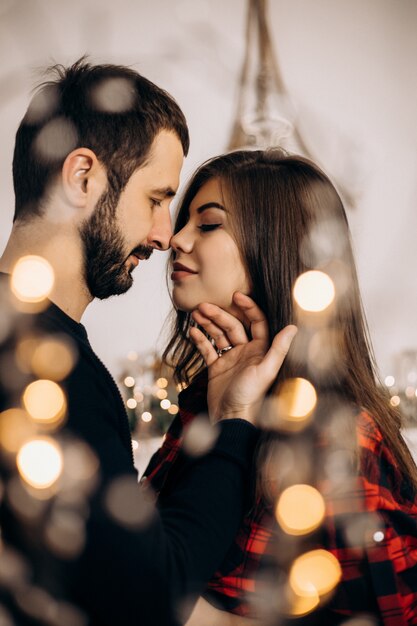 Retrato familiar. Encantadora pareja de mujer embarazada en camisa a cuadros y hombre guapo posa en un acogedor