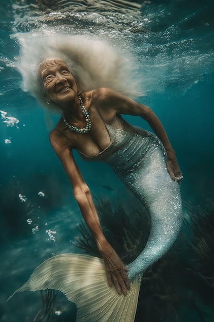 Foto gratuita retrato de fantasía de una mujer mayor como sirena