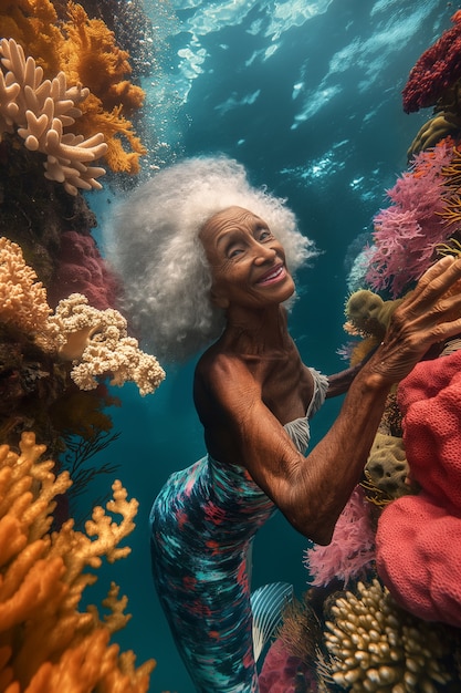 Foto gratuita retrato de fantasía de una mujer sirena anciana