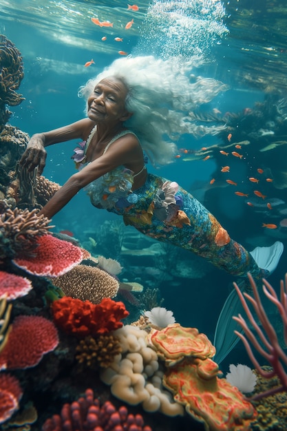 Foto gratuita retrato de fantasía de una mujer sirena anciana