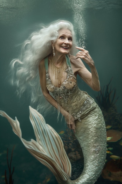 Retrato de fantasía de una mujer sirena anciana