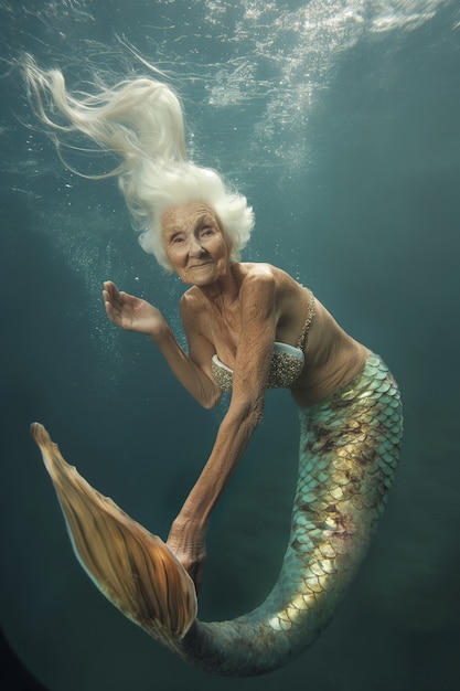 Retrato de fantasía de una mujer sirena anciana