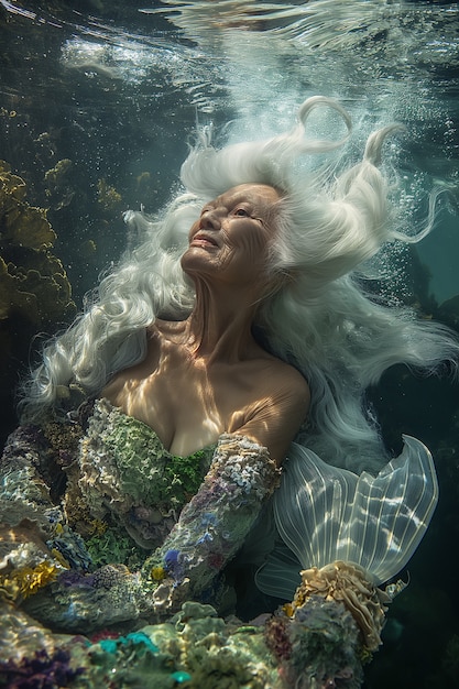 Foto gratuita retrato de fantasía de una mujer sirena anciana