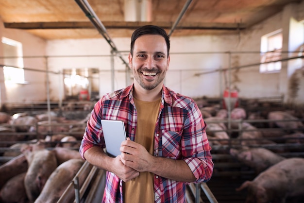 Retrato de feliz granjero con tableta de pie en el corral de cerdos frente a un grupo de cerdos animales domésticos