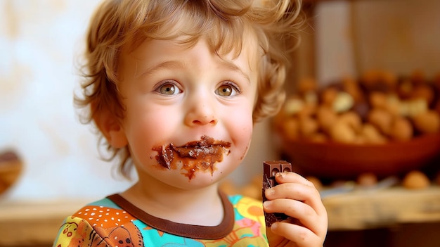 Retrato fotorrealista de un niño comiendo chocolate sabroso y dulce