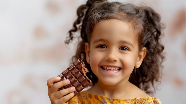 Retrato fotorrealista de un niño comiendo chocolate sabroso y dulce