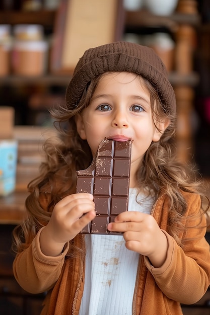 Foto gratuita retrato fotorrealista de un niño comiendo chocolate sabroso y dulce