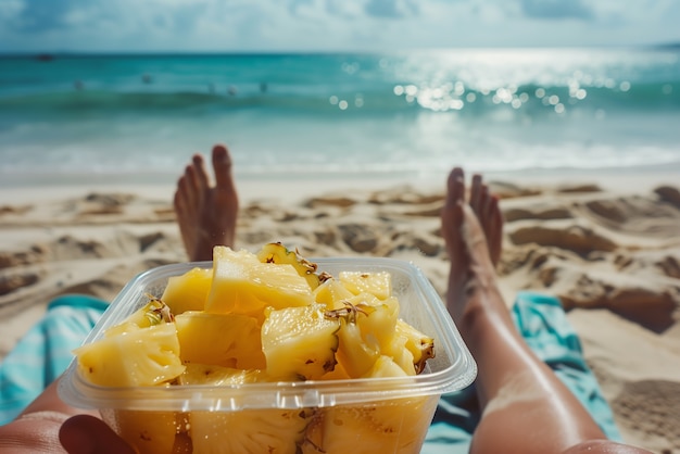 Foto gratuita retrato fotorrealista de una persona con una fruta de piña