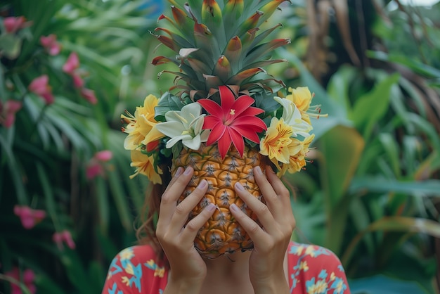 Foto gratuita retrato fotorrealista de una persona con una fruta de piña