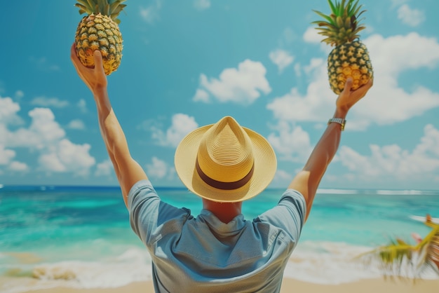 Foto gratuita retrato fotorrealista de una persona con una fruta de piña