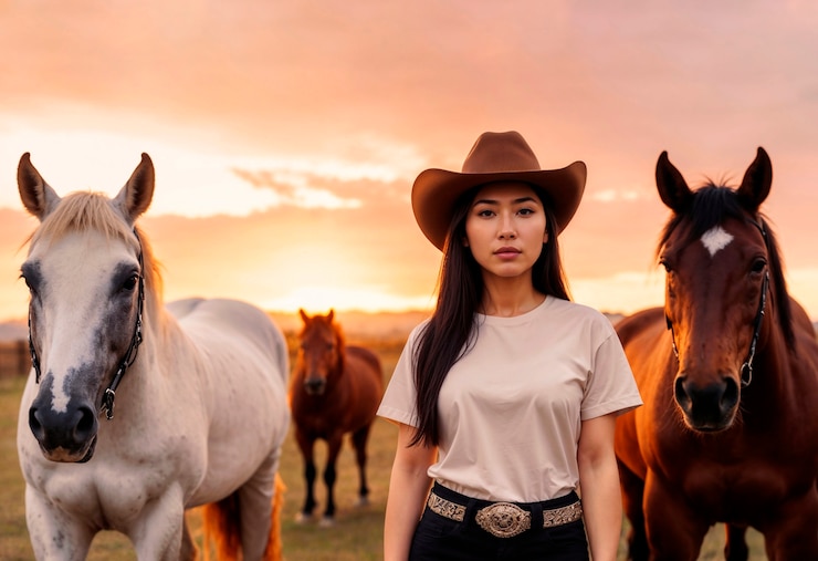 Foto gratuito retrato fotorrealista de una vaquera al atardecer