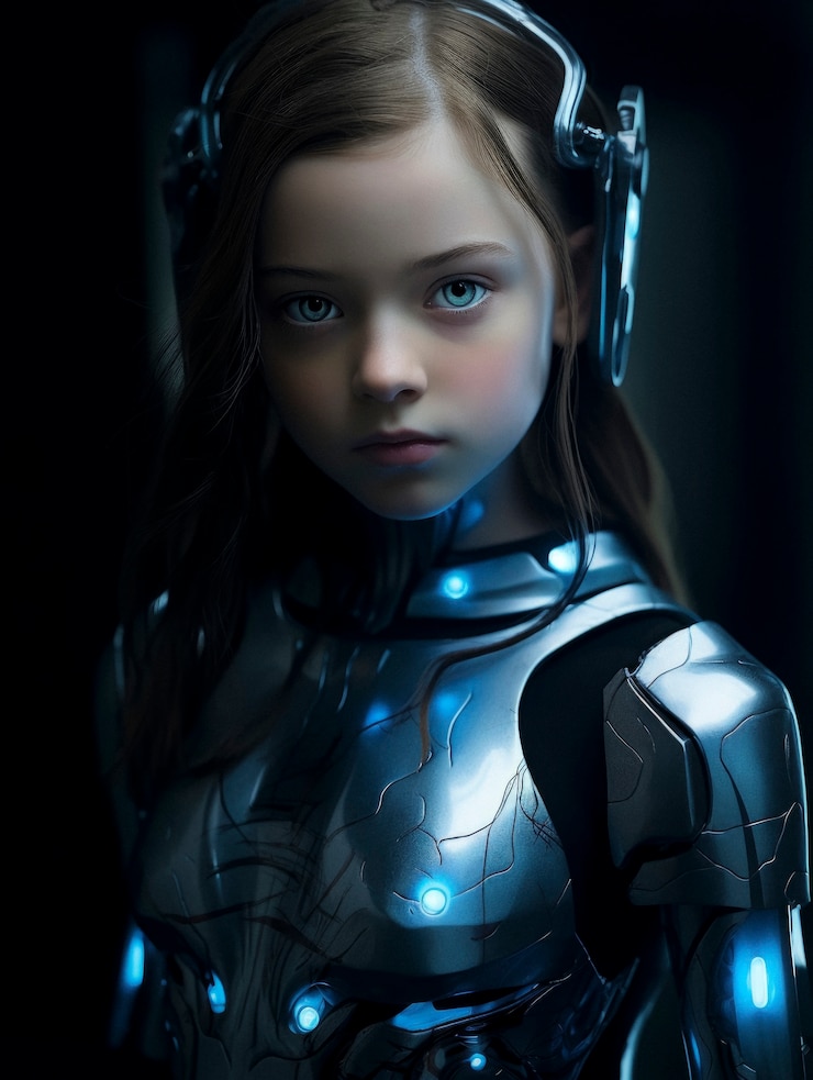 Foto gratuito retrato futurista de una chica joven con alta tecnología