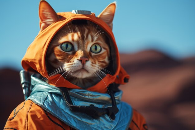 Retrato de un gato antropomórfico vestido con ropa humana
