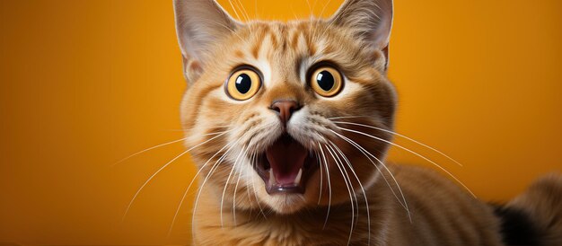 Retrato de un gato jengibre bostezando con la boca abierta sobre fondo naranja