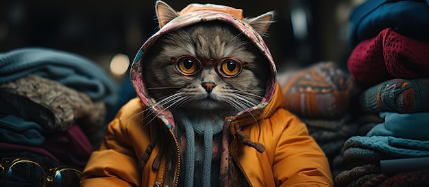 Retrato de un gato con un pañuelo en la cabeza en una tienda