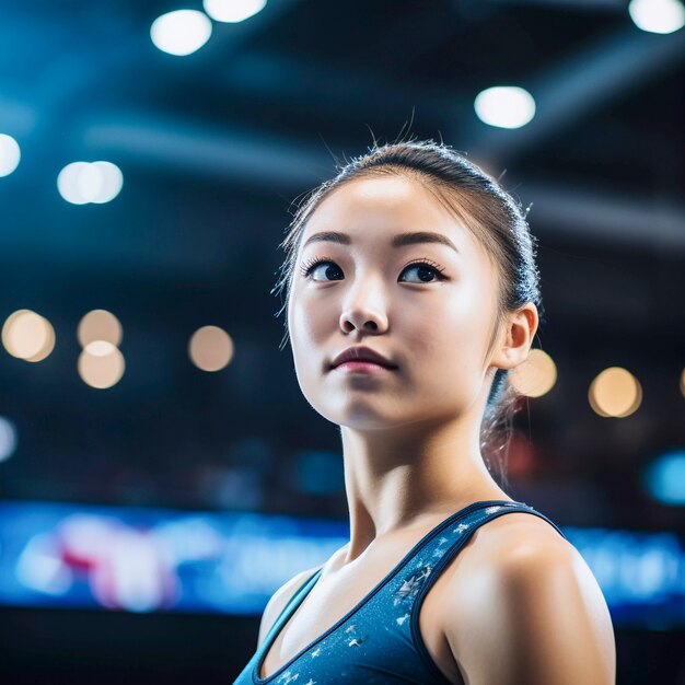 Retrato de gimnasta asiática preparándose para la competición