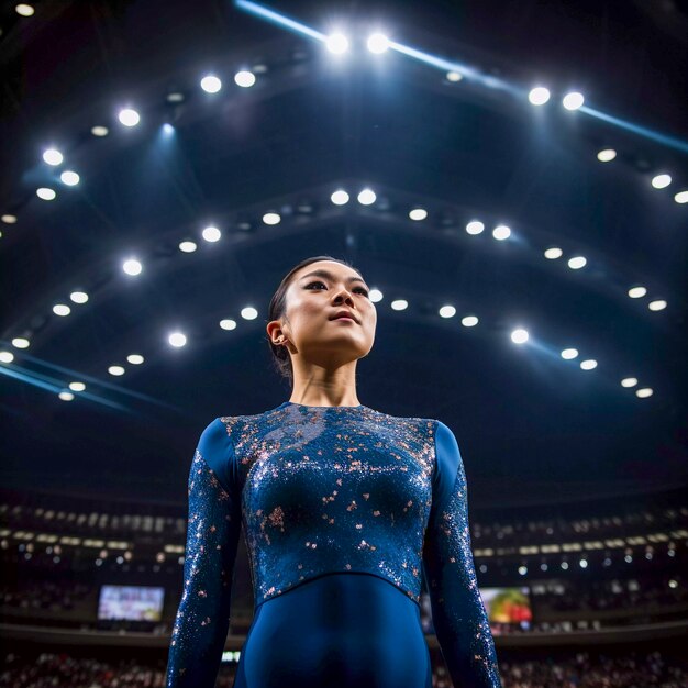 Retrato de gimnasta asiática preparándose para la competición