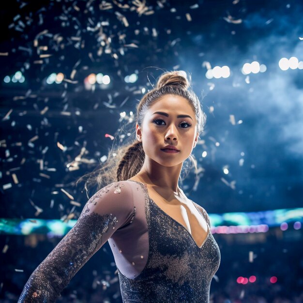 Retrato de gimnasta asiática preparándose para la competición