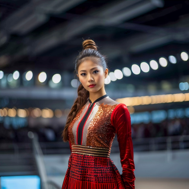 Retrato de gimnasta asiática preparándose para la competición