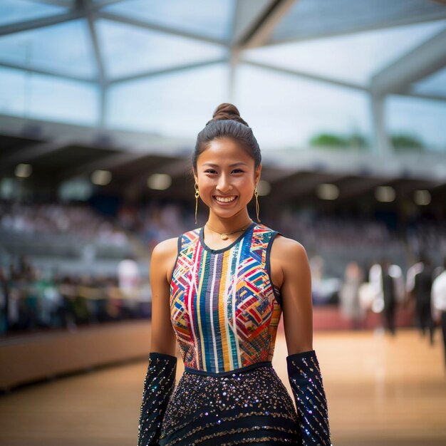 Retrato de gimnasta asiática preparándose para la competición