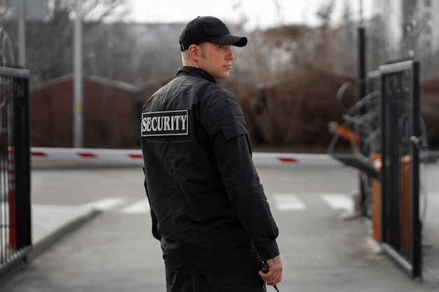 Retrato de guardia de seguridad masculino con cerca de alambre de púas