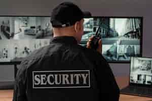 Foto gratuita retrato de guardia de seguridad masculino con estación de radio y pantallas de cámara