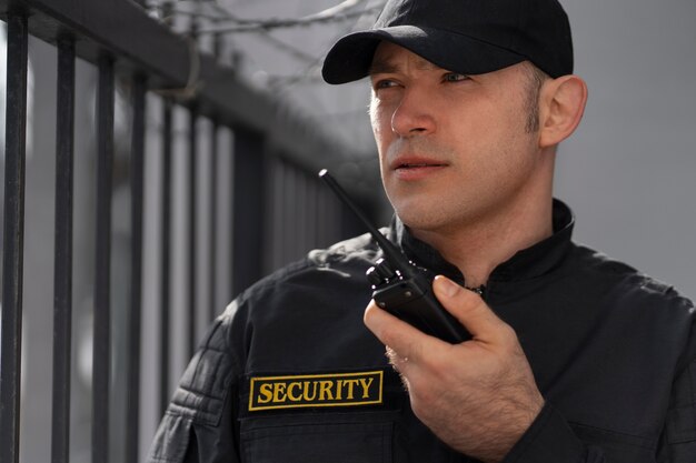 Retrato de guardia de seguridad masculino con estación de radio