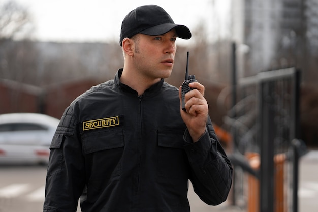 Retrato de guardia de seguridad masculino con estación de radio