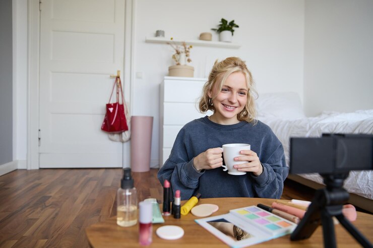 Foto gratuito retrato de una hermosa bloguera de belleza de redes sociales sentada frente a una cámara digital en el suelo en