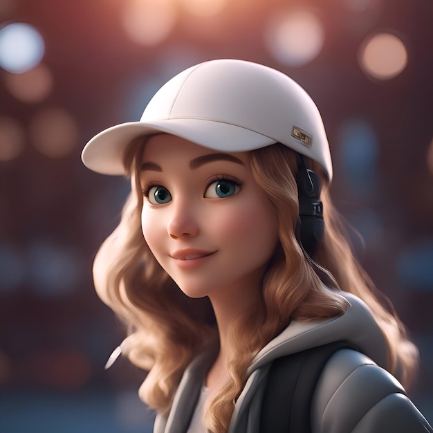 Retrato de una hermosa chica con una gorra de béisbol renderizado en 3D