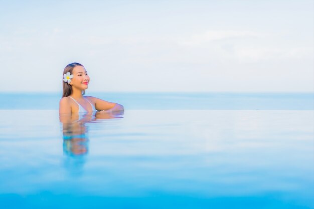 Retrato hermosa joven asiática relajarse sonrisa alrededor de la piscina al aire libre en el hotel resort