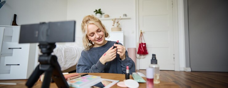 Foto gratuito retrato de una hermosa joven creadora de contenido para redes sociales sentada frente a la digital