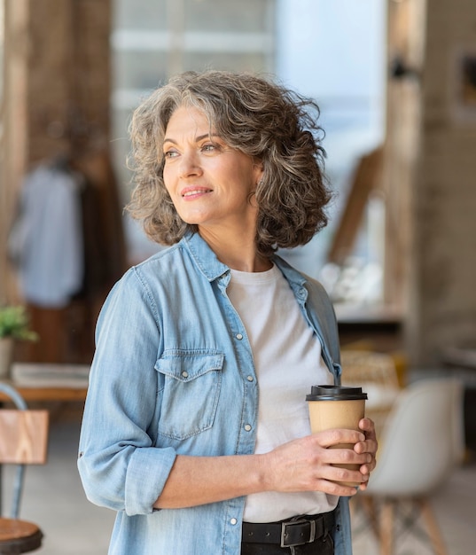 Foto gratuita retrato hermosa mujer disfrutando de una taza de café