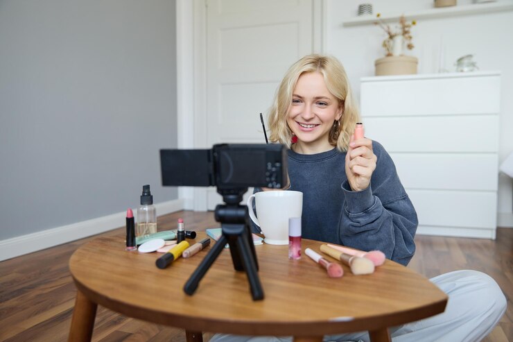 Foto gratuito retrato de una hermosa mujer rubia sonriente grabando un video de su tutorial de maquillaje para social