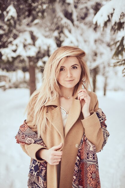 Retrato hermoso de la muchacha en el parque de invierno