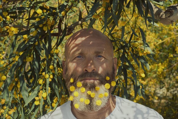 Retrato de un hombre adulto barbudo con barba adornada con flores de acacia amarilla a la sombra de un árbol floreciente una idea para unas vacaciones de primavera o el día de la tierra mira la cámara