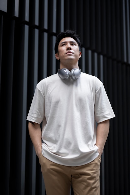 Retrato de hombre asiático guapo posando al aire libre en la ciudad con auriculares