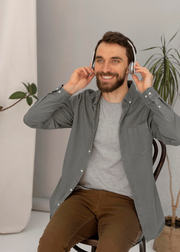 Foto gratuito retrato de hombre con auriculares escuchando música