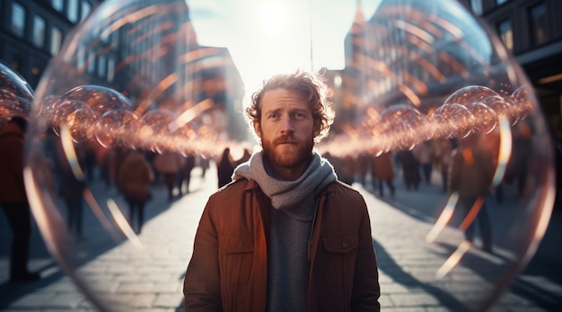 Retrato de un hombre con burbuja transparente