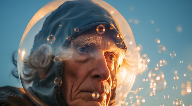 Retrato de un hombre con burbuja transparente