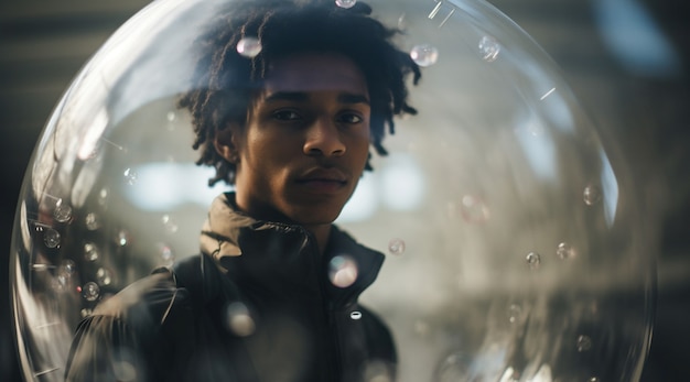 Retrato de un hombre con burbuja transparente