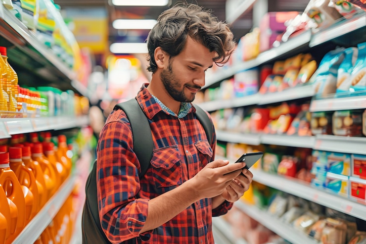 Foto gratuito retrato de un hombre comprando y comprando bienes de consumo