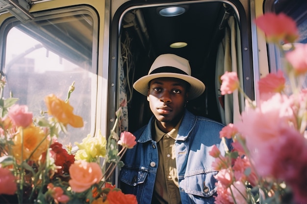 Foto gratuita retrato de un hombre con flores de primavera en flor