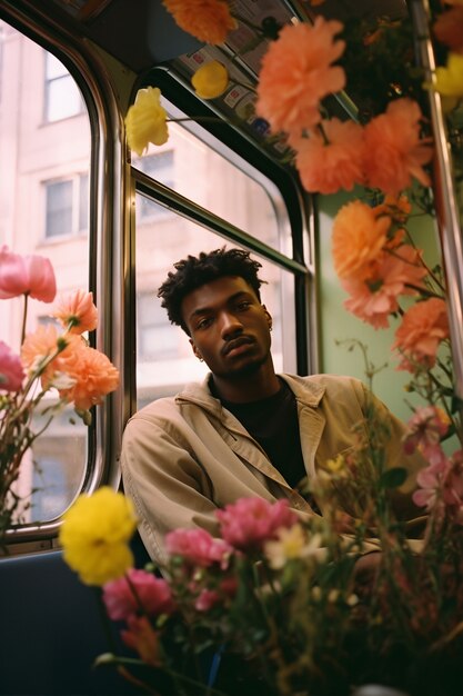 Retrato de un hombre con flores de primavera en flor