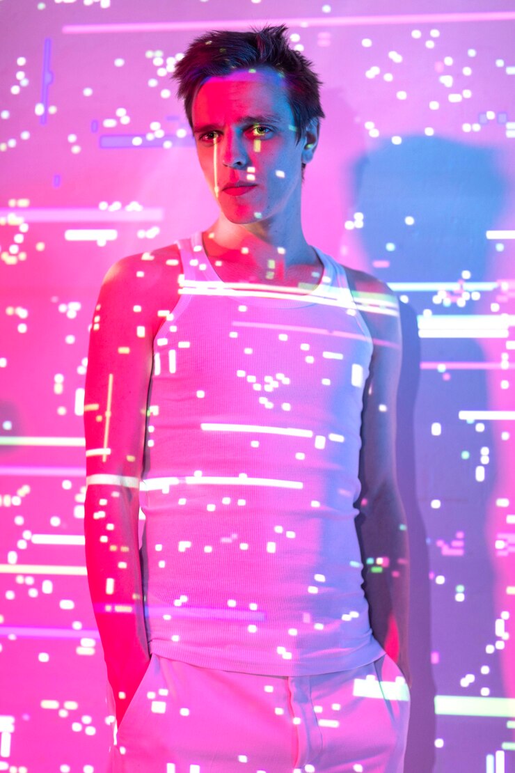 Foto gratuito retrato de un hombre guapo en estilo vaporwave