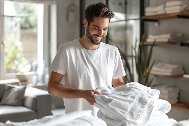 Retrato de un hombre haciendo tareas domésticas y participando en la limpieza del hogar