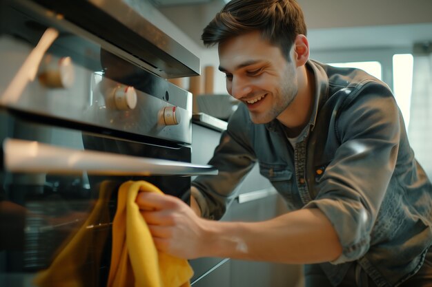 Retrato de un hombre haciendo tareas domésticas y participando en la limpieza del hogar