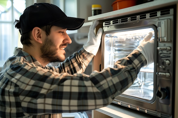 Foto gratuita retrato de un hombre haciendo tareas domésticas y participando en la limpieza del hogar