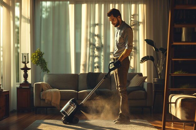 Retrato de un hombre haciendo tareas domésticas y participando en la limpieza del hogar