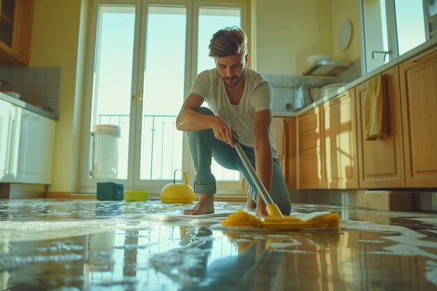 Retrato de un hombre haciendo tareas domésticas y participando en la limpieza del hogar